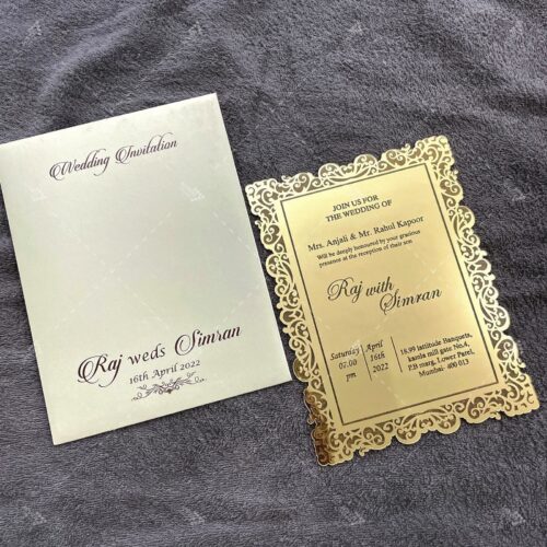 Gold Glass Acrylic Designer Invitation Cards with printing and pastel envelope