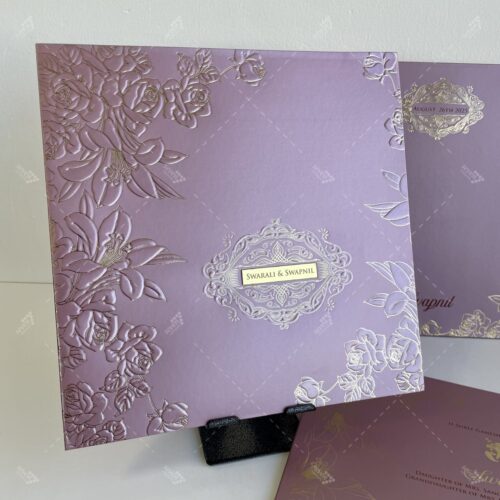 Lilac Purple Card with Embossed and Gold Foil Lilly & Rose Design in Silk Feel Paper