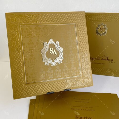 Vintage Style Gold foil Wedding Monogram Embossed Designs around with Golden Lasercut Initials in American Gold Silk Feel Paper
