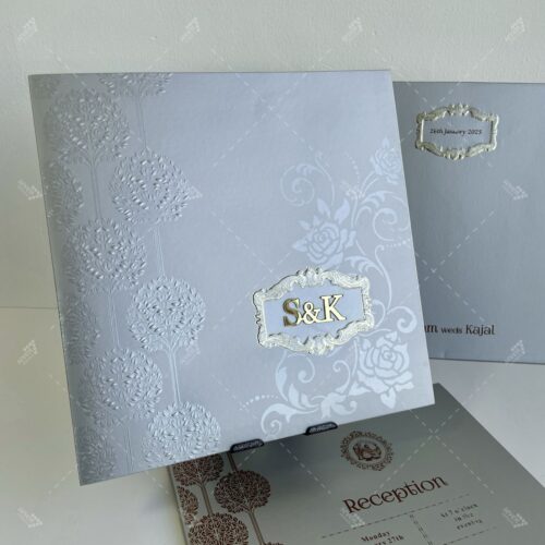 Vintage Style Gold foil Wedding Monogram Embossed Tree Leaves Designs around with Golden Lasercut Initials in Coin Silver Colour Silk Feel Paper