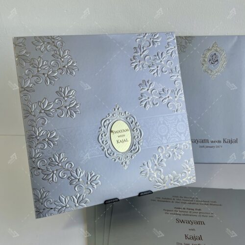 Blooming Flowers Embossed with Couple names Engraved on Golden Acrylic in Coin Silver Colour Silk Feel Paper
