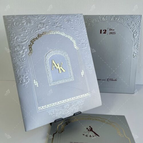 Jharokha Decor Floral Design Embossed with Couple Initials on Golden Acrylic in Coin Silver Colour Silk Feel Paper