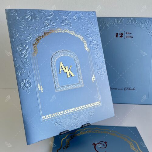 Jharokha Decor Floral Design Embossed with Couple Initials on Golden Acrylic in Icy Blue Colour Silk Feel Paper