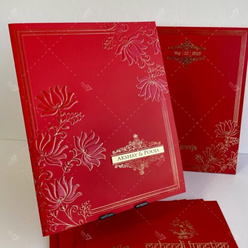 Lotus Theme in Red Colour Embossed Design with Couple nameplate on Golden Acrylic in Silk Feel Paper