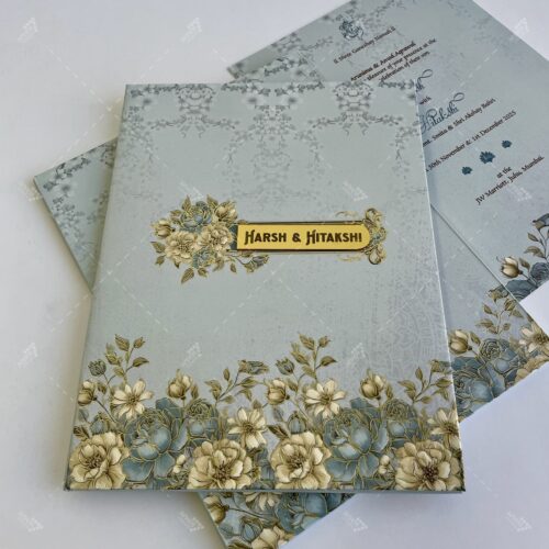 Thick Hardcover Uranian Blue Colour Floral Card Gold Foil Foral Design with Nameplate on Golden Acrylic