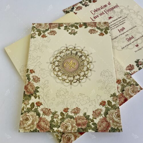 Thick Hardcover Pastel Cream Colour Floral Card Gold Foil Foral Design with Golden Acrylic Couple Initials