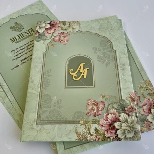 Thick Hardcover Tea Green Colour Card Gold Foil Floral Design with Golden Acrylic Couple Initials