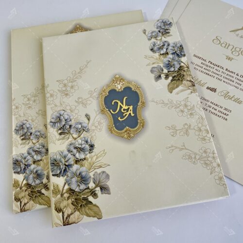 Thick Hardcover Pastel Cream Colour Card Vintage Wedding Monogram Gold Foil Floral Design with Golden Acrylic Couple Initials