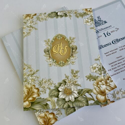 Thick Hardcover Light Blue Colour Vintage Style Embossed Floral Card with Golden Acrylic Initials Logo