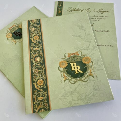 Thick Hardcover Tea Green Colour Floral Foil Border Design with Golden Acrylic Initials on Wedding Monogram