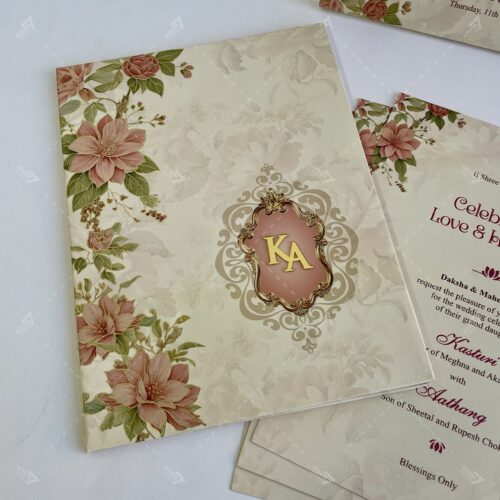 Thick Hardcover Vanilla Cream Colour Floral Foil Border Design with Golden Acrylic Initials on Wedding Monogram