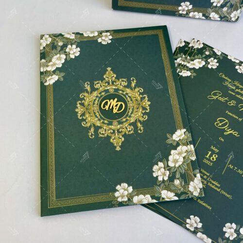 Thick Hardcover Dark Green Colour Floral Foil & Border Design with Golden Acrylic Initials on Vintage Wedding Monogram