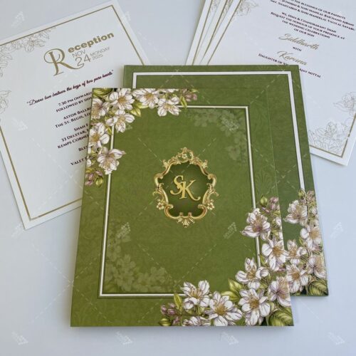 Avocado Green Textured Paper Floral Foil Print with Golden Acrylic Initials on Designer Monogram