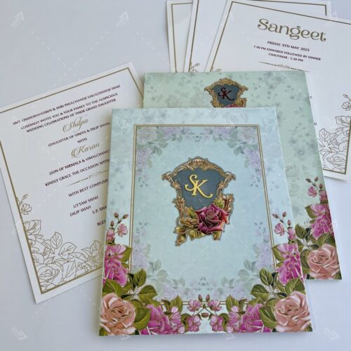 Electric Blue Rose Bloom Design Foil Print with Golden Couple Initials on Floral Monogram