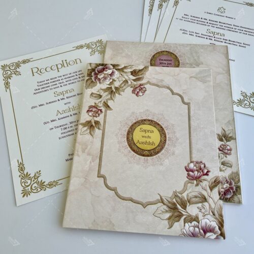 Pastel Ivory Floral Bloom Design Foil Print with Golden Couple Round Logo on Mandala Monogram