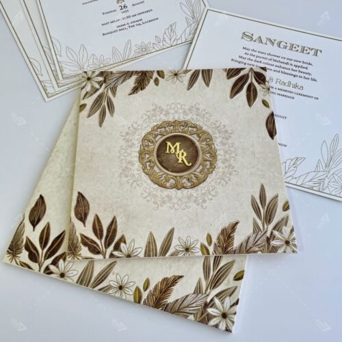Big Square Warm Cream Tropical Leaves Design Foil Prints with Golden Acrylic Initials on Vintage Monogram