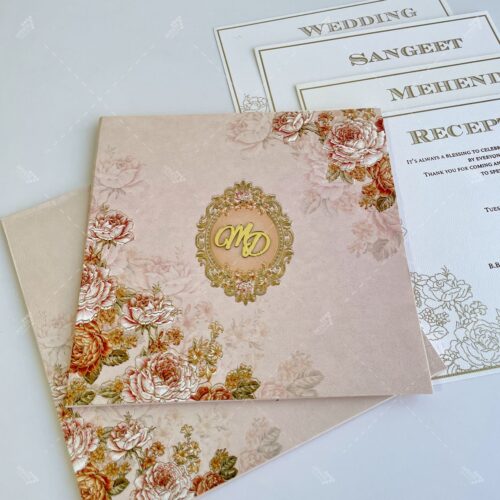 Square Size Texturized Paper Pastel Blush Pink Floral Foil Prints with Golden Acrylic Initials on Vintage Monogram
