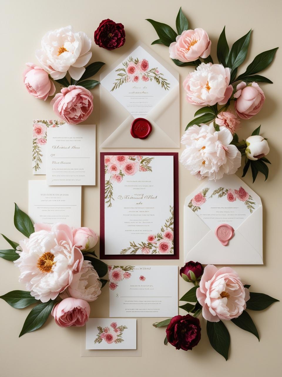 floral theme wedding invitation package with wax seal on envelope only and different inserts, a vellum paper cover