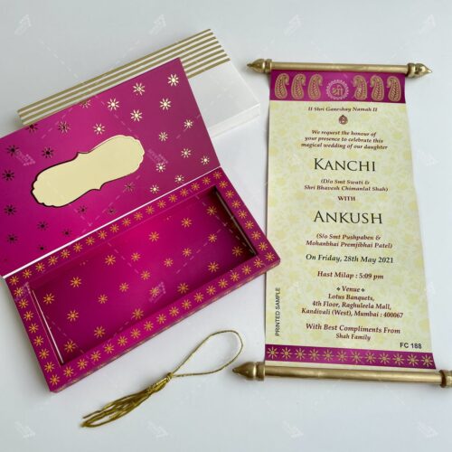 Purple Paisley & Shree Design Boxed Scroll Wedding Invitation