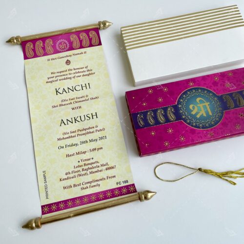 Purple Paisley & Shree Design Boxed Scroll Wedding Invitation