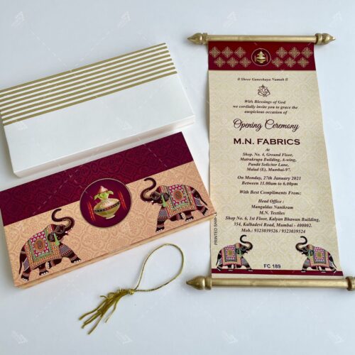Indian Elephant Theme Boxed Scroll Wedding Invitation