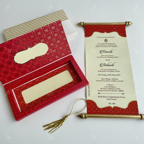 Traditional Indian Red & Gold Design Boxed Scroll Wedding Invitation