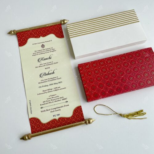 Traditional Indian Red & Gold Design Boxed Scroll Wedding Invitation