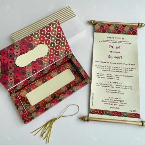 Designer Gold Embossed Red Boxed Scroll Wedding Invitation