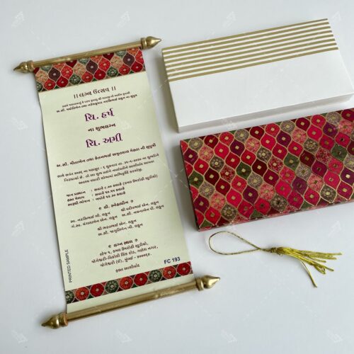 Designer Gold Embossed Red Boxed Scroll Wedding Invitation