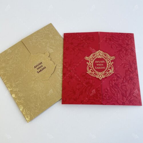 Center Fold Floral Embossed Designer Invitation in Red & Gold