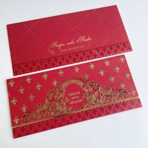 Alternative view of Vintage Peacock Motif Design on Invitation in Red & Gold