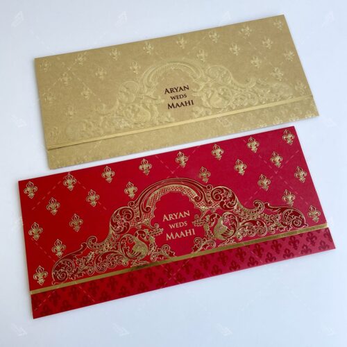 Vintage Peacock Motif Design on Invitation in Red & Gold