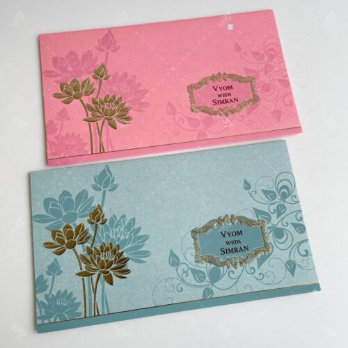 Horizontal Floral Foiled and Embossed Invitation in Pastel Pink & Teal