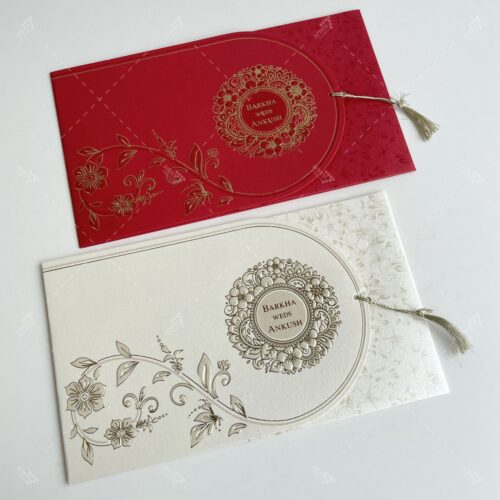 Folder Book style golden tassel tied invitation in red and white