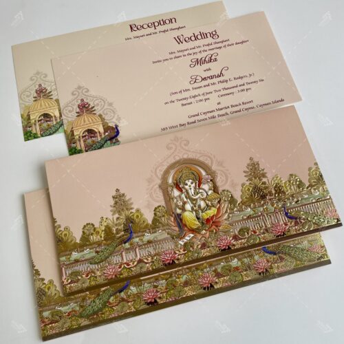 Ganpati staged with peacock lotus swans on wedding invitation