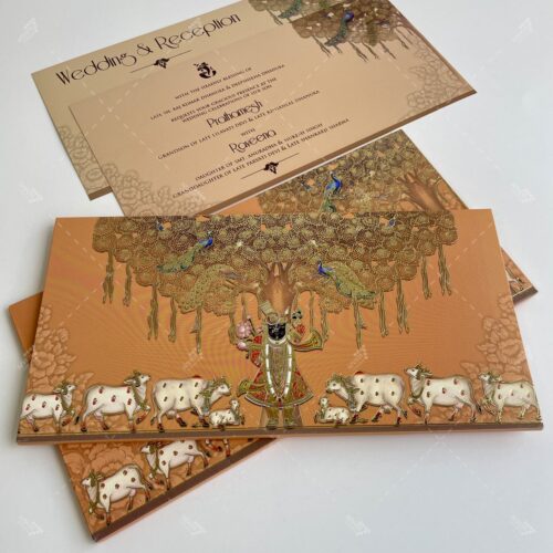 Shrinathji with Cows under Banyan with Peacock on Wedding Invitation