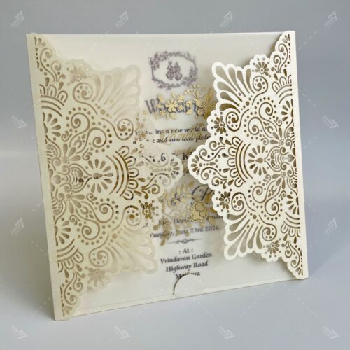 White Pearl Lasercut Holder Wedding Invitation