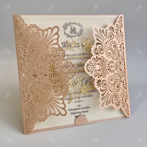 Golden Peach Lasercut Holder Wedding Invitation