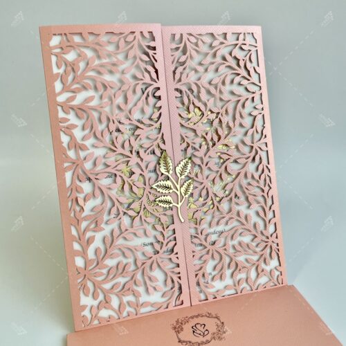 The Golden Leaf in Pastel Peach Leafy Lasercut Design Wedding Invitation