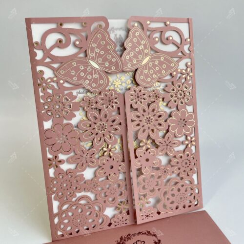 The Butterfly Theme lasercut design in Sea Pink Wedding Invitation
