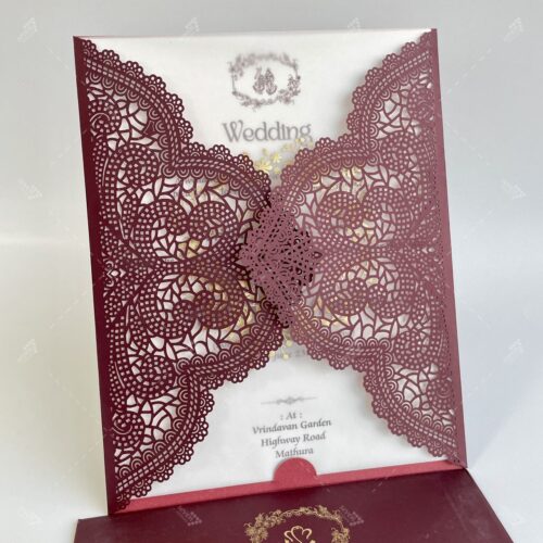 Intricate Lasercut Work Holder in Deep Maroon Wedding Invitation