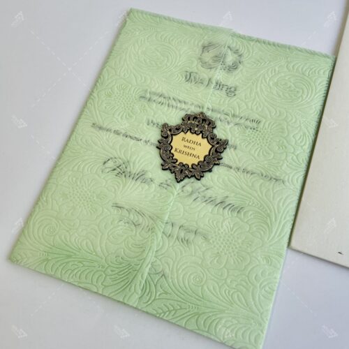Self Embossed Design Wooly with Emblem Logo in Mint Green Wedding Invitation