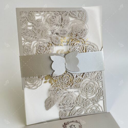 Rose Design Lasercut Invitation in Texturized Shinny Silver