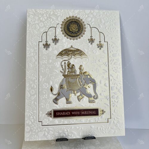 Elephant White and Gold Theme Indian Wedding Card