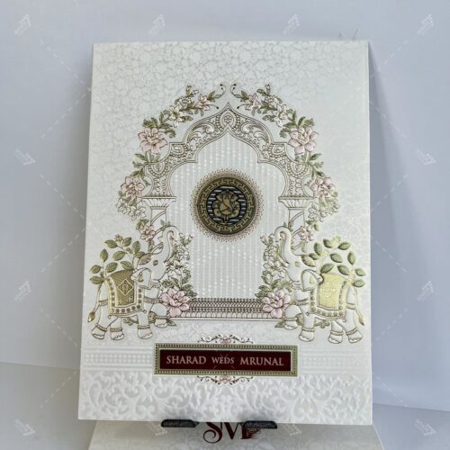 Floral Elephant White and Gold Theme Indian Wedding Card