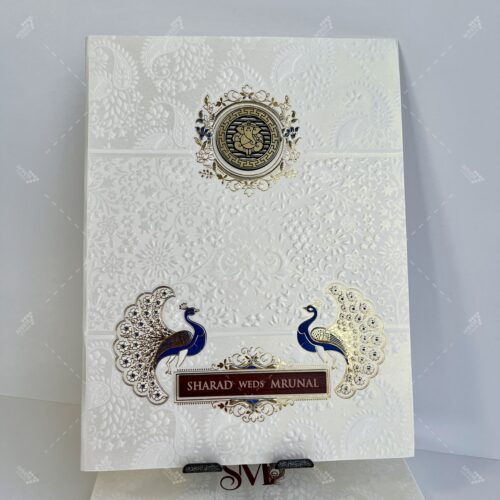Peacock Theme White and Gold Theme Indian Wedding Card