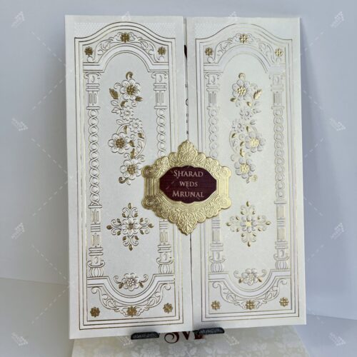 Center Fold Mandap Dwar White and Gold Theme Indian Wedding Card
