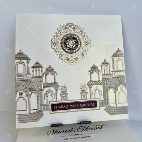 Palace Theme White and Gold Theme Indian Wedding Card