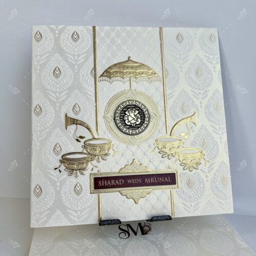 Dhol & Shenai White and Gold Theme Indian Wedding Card
