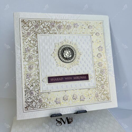 Floral Broad Border White and Gold Theme Indian Wedding Card